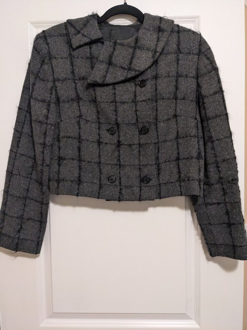 Custom Wool Blend Windowpane Double-Breasted Statement Collar Jacket L